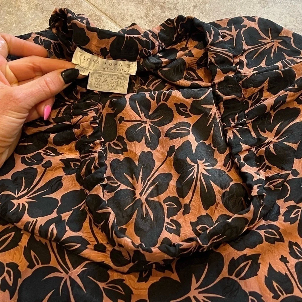 Flora Kung Vintage Silk Pull on Floral Midi Skirt Brown Black Size 14 mid rise